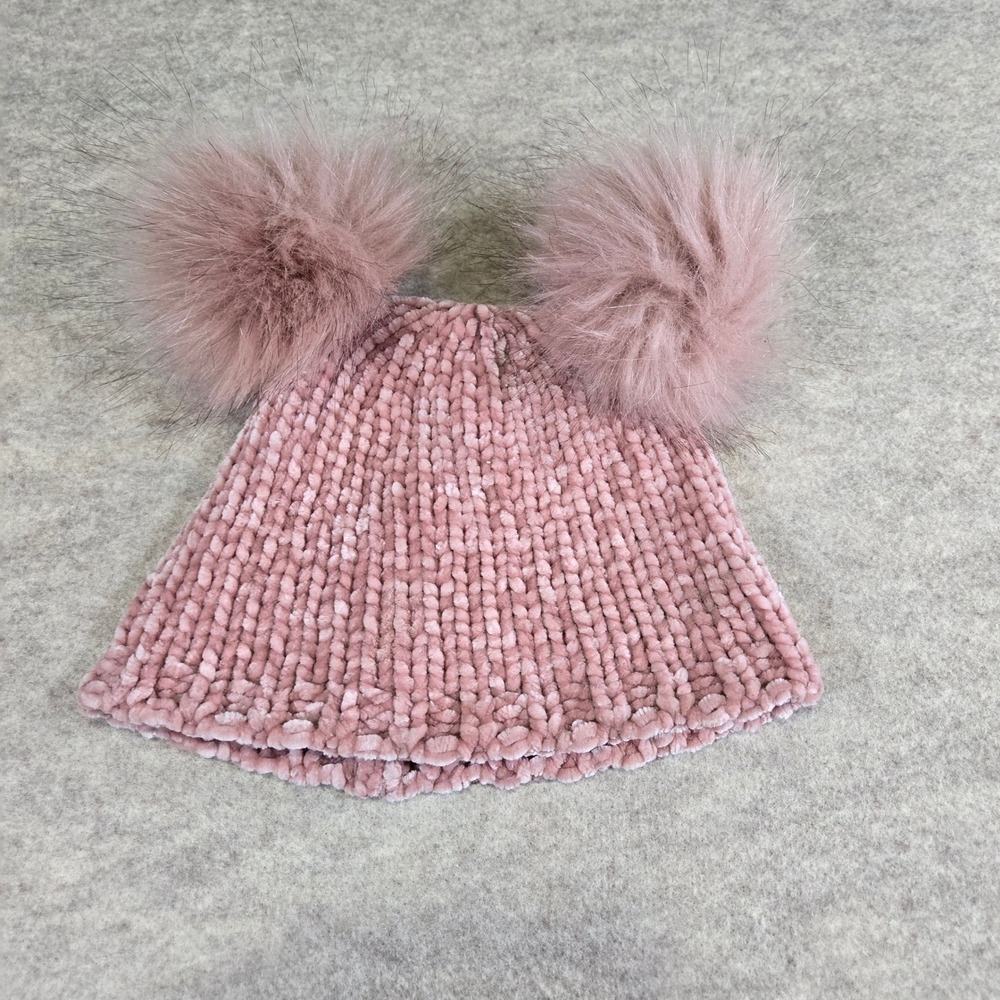 Dusty Rose Chenille Knit Double Pom Pom Beanie Pink Winter Hat